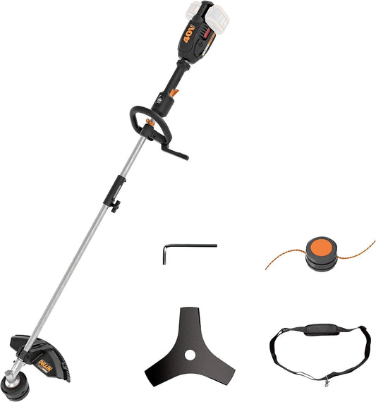 Worx débroussailleuse WG186E.92, Fil de Coupe 38cm, Poignée Amovible, livrée sans Batterie ni Chargeur, sans Fil 40V, Lame de 25 cm