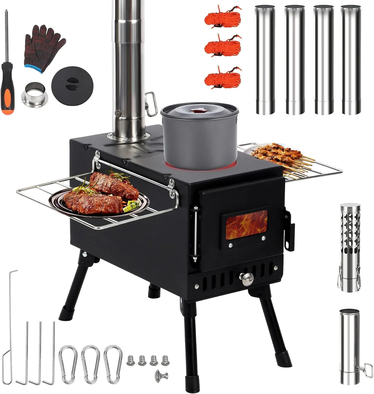 Poêle à bois, au format au format portable pour Tente avec Cheminée Anti-Vent pour Cuisine en Plein Air, REDCAMP Tente de Camping Chauffé