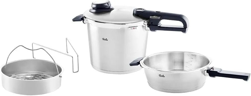 Set avec Autocuiseur Fissler Vitavit, capacité 6 l, Ø 22 cm Et Poêle-Autocuiseur 2,5 l, 4 Pièces, avec Couvercle Métallique, Panier Perforé