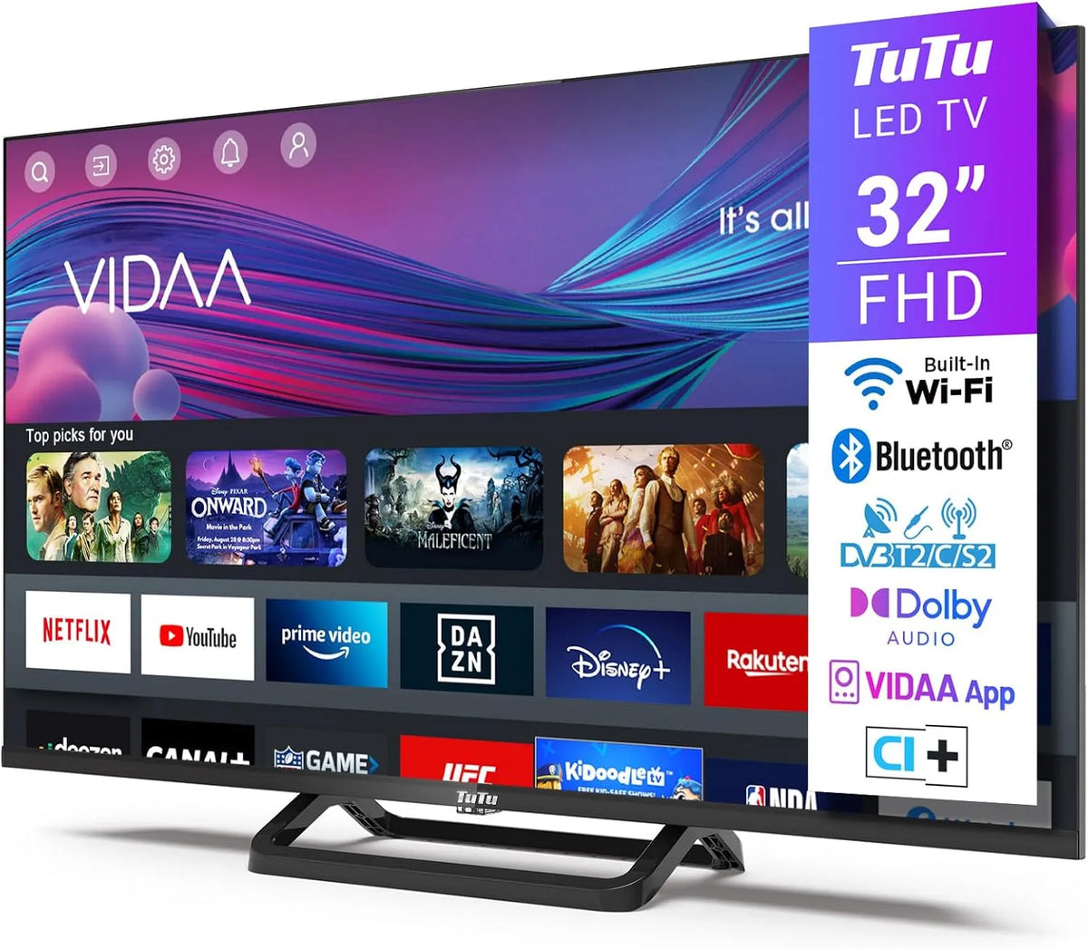 Smart TV DVB-T/T2 DVB-S/S2 TUV32FN1B TuTu, 32 Pouces, S2, Molotov et Plus, largeur 80 cm, 2024, sans Bord Connectée Télévision avec WiFi, FHD