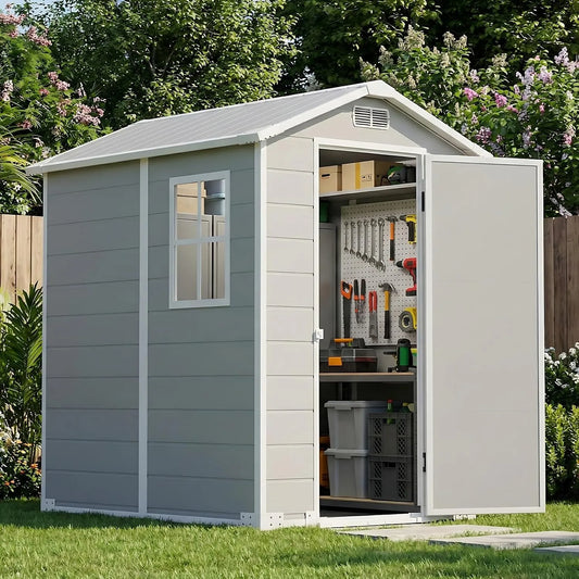 Abri de jardin, en plastique de 173 x 131 x 200 cm avec sol, résistant aux intempéries, avec porte, fenêtre et ventilation, idéal pour jardin