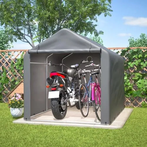 Vélo, garage à 160 x 220 x 165 cm avec porte roulante, Matériau PE résistant aux tempêtes, finition grise, Abri pour 2 vélos, pour vélos électriques