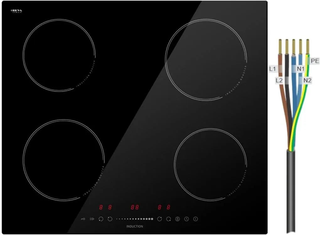 Plaque de cuisson, 59 cm 7200W, Minuterie 99 min, Verrouillage Enfant, Italy ILVA Glass, Induction 4 Feux, 9 Niveaux de Puissance, Pause
