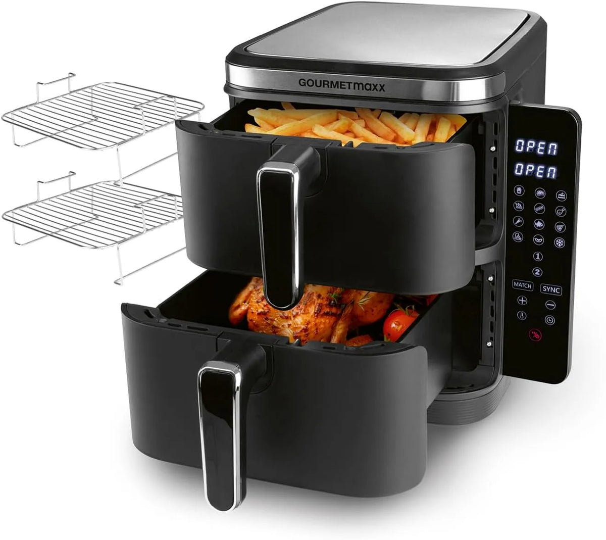Friteuse à air chaud GOURMETmaxx FryUp, 32% de gain de place, Airfryer 10 litres, 4 aliments sur 4 niveaux, chaud verticale à double chambre