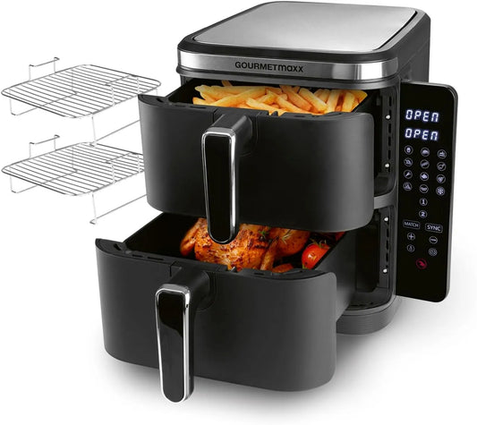 Friteuse à air chaud GOURMETmaxx FryUp, 32% de gain de place, Airfryer 10 litres, 4 aliments sur 4 niveaux, chaud verticale à double chambre