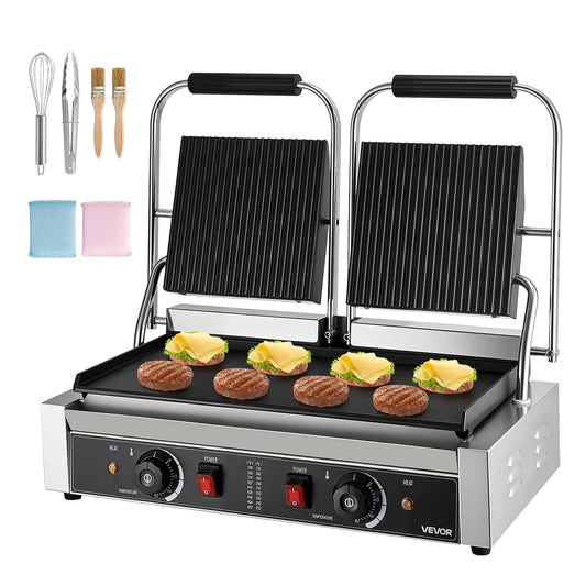 Vevor gril, Double Presse à Panini avec Plaque de Cuisson Émaillée de 48,5x23 cm, Contrôle de la Température, Steak, Panini Électrique de 3600 W
