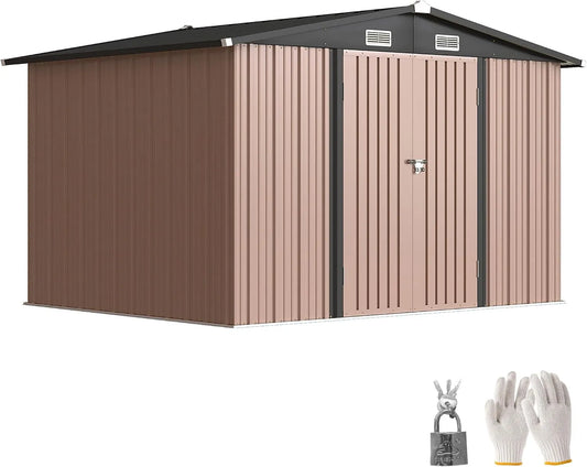 Abri de jardin Outsunny, 6,9 m² en Acier galvanisé avec Prises d'air, dimensions 305 x 245 x 194 cm, Toit incliné, Gants, Marron