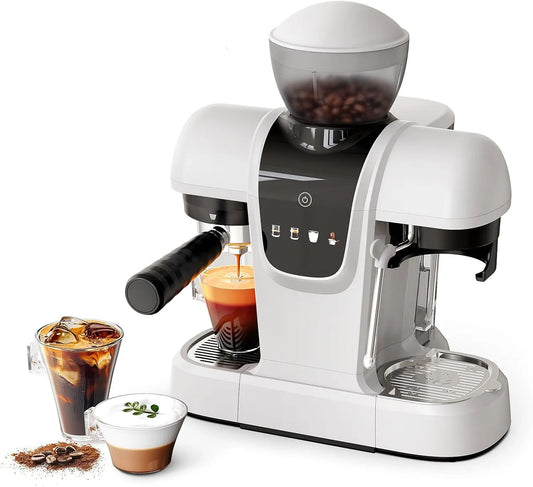 Machine à café, 2 en 1 pour café moulu, panneau tactile, finition blanche, Machine à expresso 19 bars avec moulin à haricots, réservoir d'eau amovible