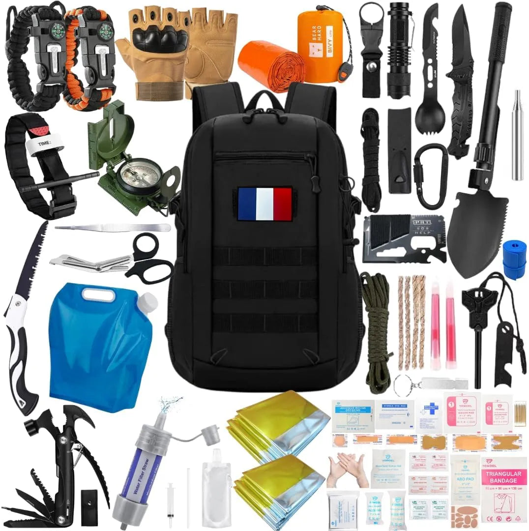 Survie XXL + Trousse De Secours Ultra Complete kit de, Filtre à Eau, scie, Paracorde, Allume Feu, Garrot..., Mini Pelle Pioche Pliante, Boussole