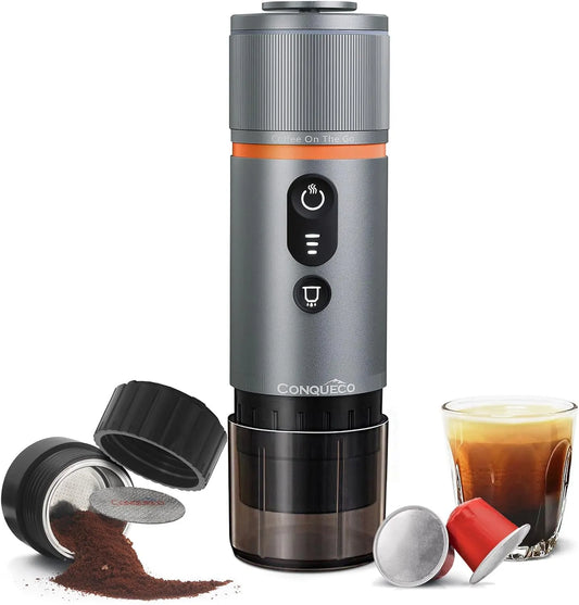 Machine à café CONQUECO, espresso portable de voyage: cafetière électrique 12 V avec batterie pour camping, autochauffage en 2,5 minutes