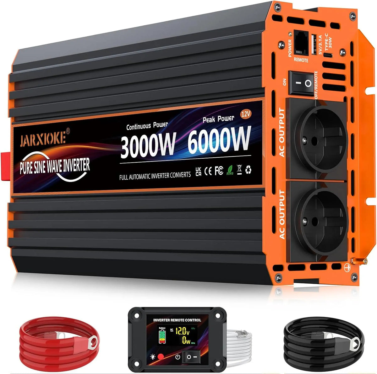 Convertisseur 12V 220V Pur Sinus 3000W, 2 Prises EU, Ports USB 3,4 A, puissance 6000W Onduleur Transformateur de Tension Inverter, Camping-car park