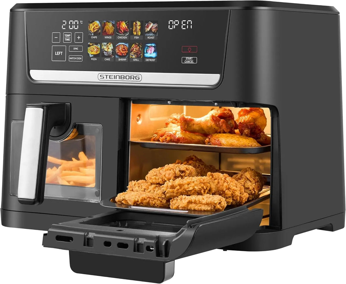 Friteuse à air chaud Steinborg, chaud XXL Dual Zone 14 litres, capacité 8 l + 6 l, 10 programmes 60 à 200 °C, écran numérique, sans huile, panier