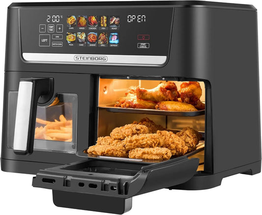 Friteuse à air chaud Steinborg, chaud XXL Dual Zone 14 litres, capacité 8 l + 6 l, 10 programmes 60 à 200 °C, écran numérique, sans huile, panier
