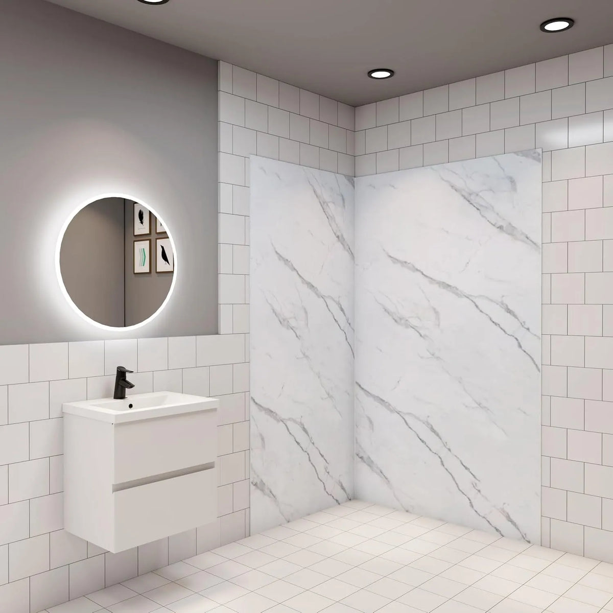 Modèle 2 Panneaux muraux de douche finition blanche effet marbre 100x100x H.210cm Pack de, avec 3 profilés Panneau mural salle de bain, Aluminium
