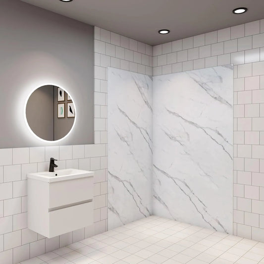 Modèle 2 Panneaux muraux de douche finition blanche effet marbre 100x100x H.210cm Pack de, avec 3 profilés Panneau mural salle de bain, Aluminium