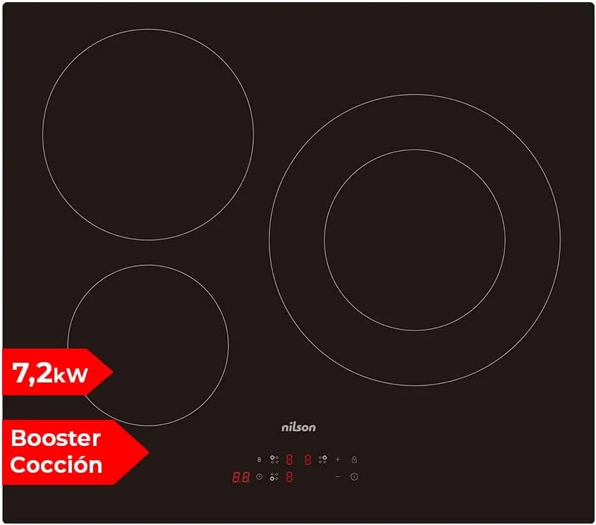 Table NI3600,. 3 Zones de Cuisson, à Induction Verre finition noire, Booster de puissance, Minuteur, puissance 7200 W, 9 Niveaux de Cuisson