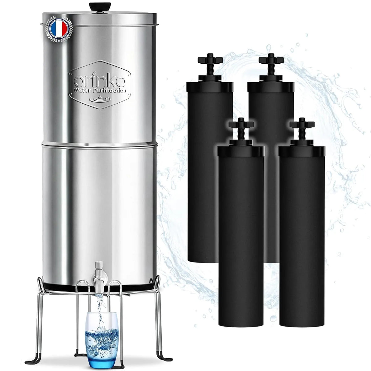 À Eau par Gravité avec 4 Cartouches ORINKO Filtre, Purificateur d'Eau avec Charbon Actif, Eau de Pluie et Plus, Filtration Avancé