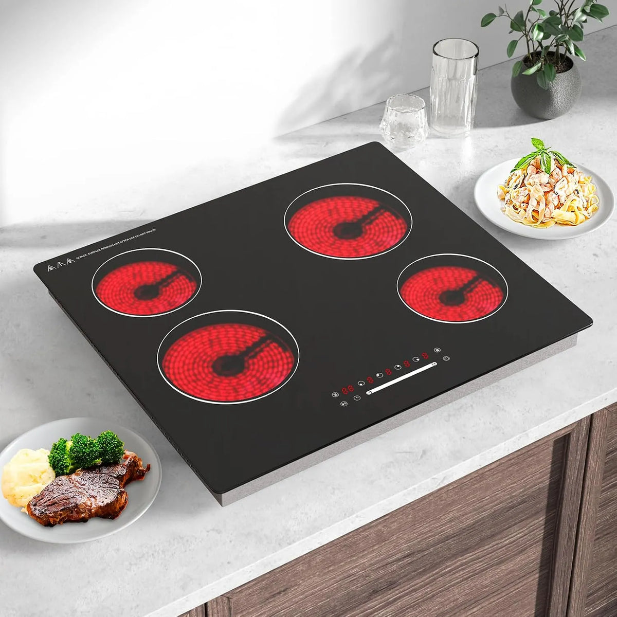 Table de cuisson, Vitrocéramique 60 cm 4 Foyers, Découpe 560×490 mm, puissance 6000W Tactile à Curseur, Foyers Simple Zone
