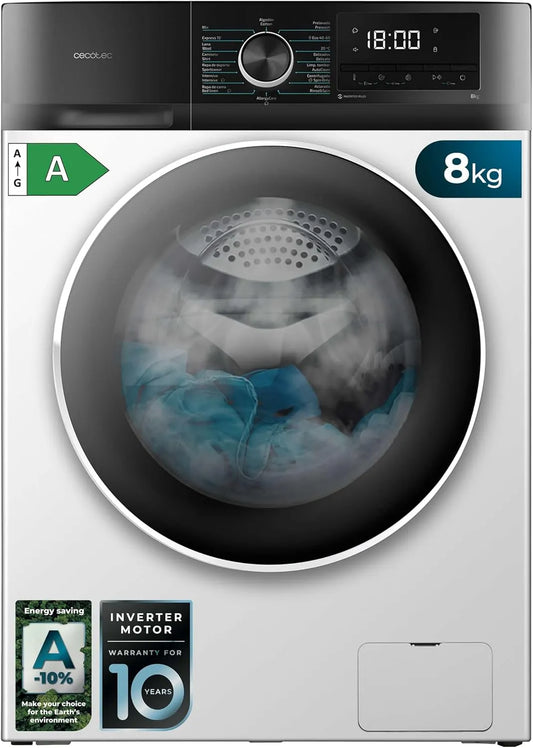 Cecotec lave-linge 8500, 1400 rpm, Moteur Inverter Plus, SteamMax, finition blanche, 16 Programmes, Basse Consommation, Delay Start