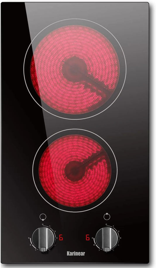 Plaque de cuisson, Table de Cuisson Electrique sans Prise, de Cuisson Vitrocéramique, finition noire, Karinear 30 CM Vitrocéramique 2 Feux, Verre Mat