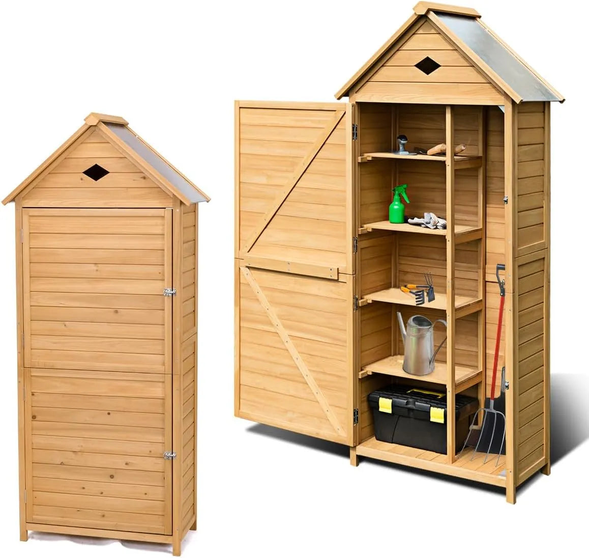 Abri de jardin, dimensions 80 x 45 x 177 cm, Armoire de Jardin Étanche avec Toit à Pignon, en Bois Résistant aux Intempéries, Abri à Outils