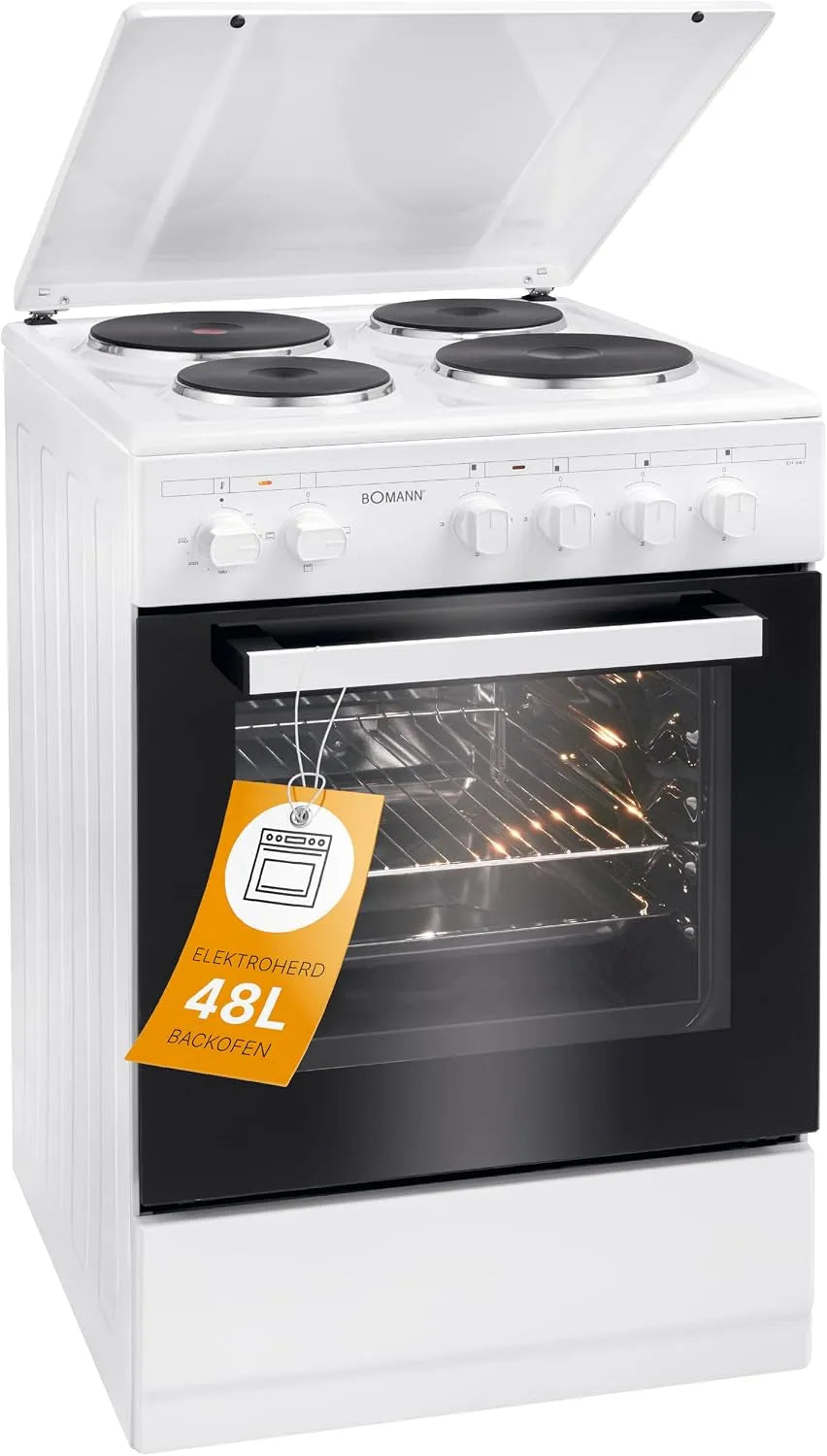 Cuisinière Boman, Largeur 50 cm, cuisine avec plaque couvre-feu, Energie A, Electrique 4 plaques et four de 48L, 4 foyers avec commandes