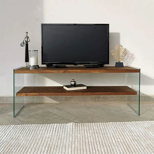 Meuble TV, CONCEPT USINE, Joy 120 cm, 2 Niches Ouvertes Fonctionnelles, Design Contemporain en Bois Noyer et Verre