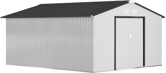 Abri de jardin Outsunny, avec Toit incliné, 12.4m² en Acier galvanisé avec kit de Fondation, aérations, abri à Outils, finition blanche
