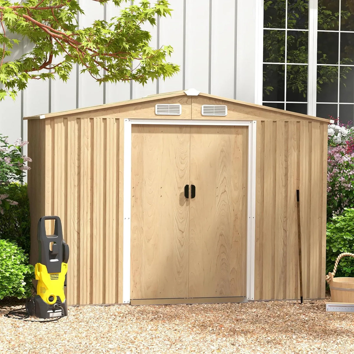 Abri de jardin Goplus, dimensions 259x196x184cm, 4,47m² Naturel avec Bas, Cabane à Outils en Acier Galvanisé 8,23m³, Porte Verrouillable