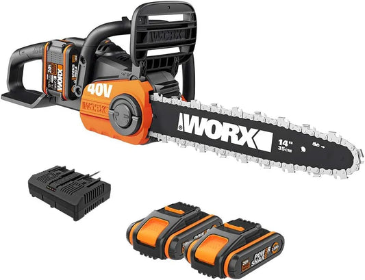 Worx tronçonneuse WG384E 8m/s, sans Fil 40V, Guide de 35 cm, Vitesse 8m, Livrée avec 2 Batteries 4Ah et Chargeur, Moteur Brushless, Frein de Chaîne