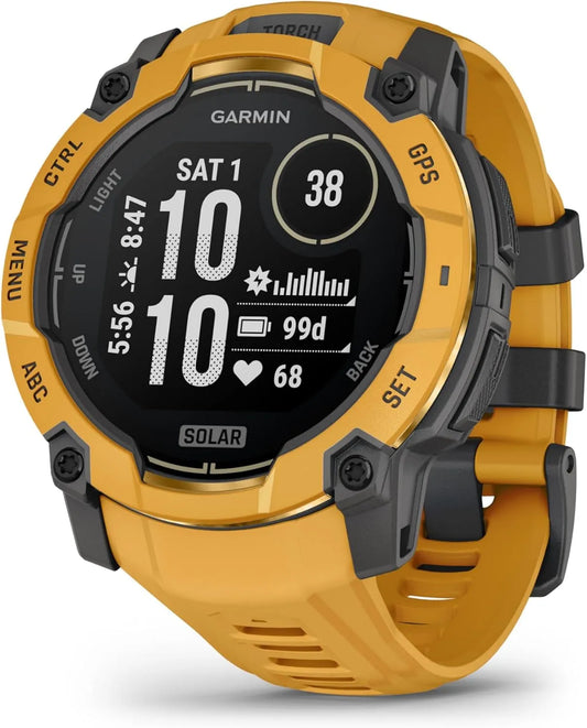 3, Solar Garmin Instinct, Boîtier 50 mm, Montre GPS connectée et Robuste, finition grise, avec écran Solaire- Jaune, avec Bracelet Silicone Jaune Or