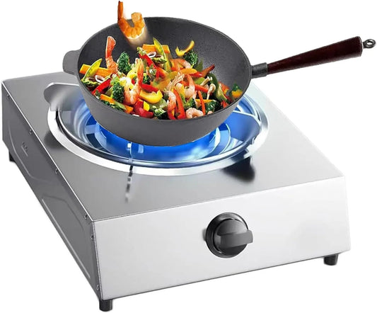 Cuisinière à gaz, Gaziniere Gaz Acier Inoxydable, À Brûleur Unique, LPG, Minuterie À Feu Élevé À Neuf Cavités De 5,2KW, Portable D'intérieur