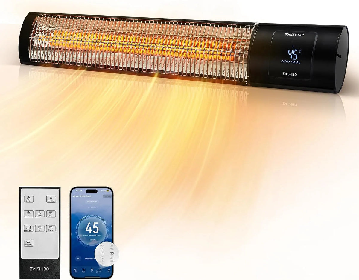 Radiateur IP65 ZMISHIBO, Infrarouge 2000W, 4 Puissances, puissance 2000W, pour Intérieur & Extérieur, Montage Mur, Plafond, avec APP, Écran LED