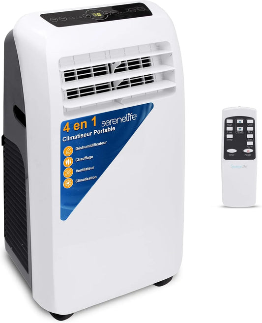 Climatiseur Serenelife, 9K BTU+CHAUFFAGE, Télécommande, Kit d'Évacuation Complet pour Fenêtre, mobile, Mode Ventilateur, finition blanche