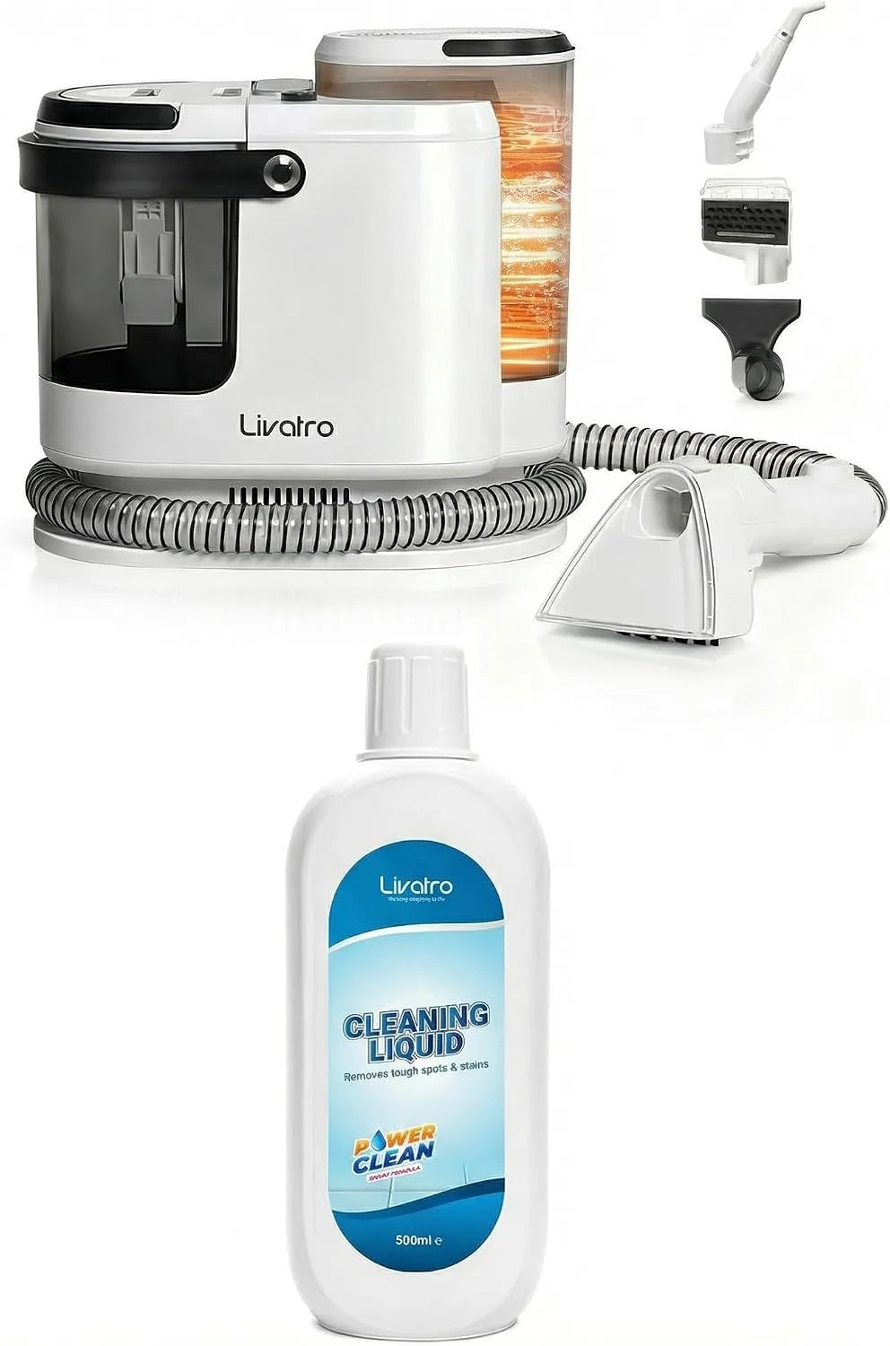 Canapé, Kit 2‑en‑1 Shampouineuse 1700W 15KPa + Solution Nettoyante 500 ml, Nettoyeur Vapeur 100 °C à Double Réservoir pour Canapés, Tapis
