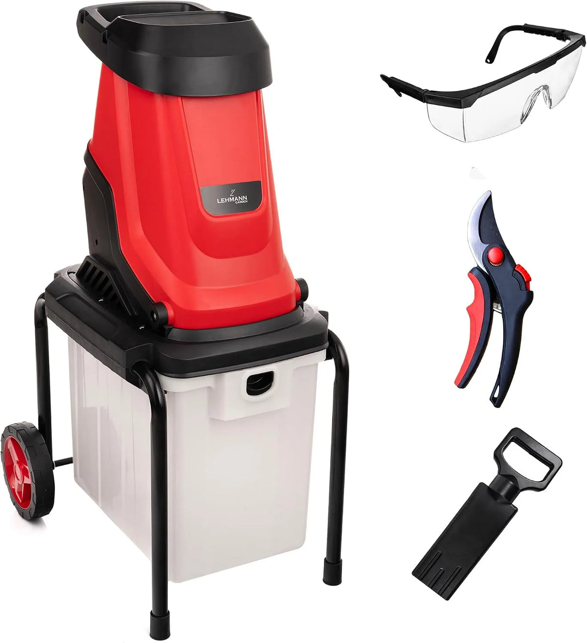 Végétaux Électrique LEHMANN Broyeur, Végétaux Électrique 3000 W, pour Branches jusqu'à 45 mm, Roues et Bac 50 L, Châssis robuste, Accessoires