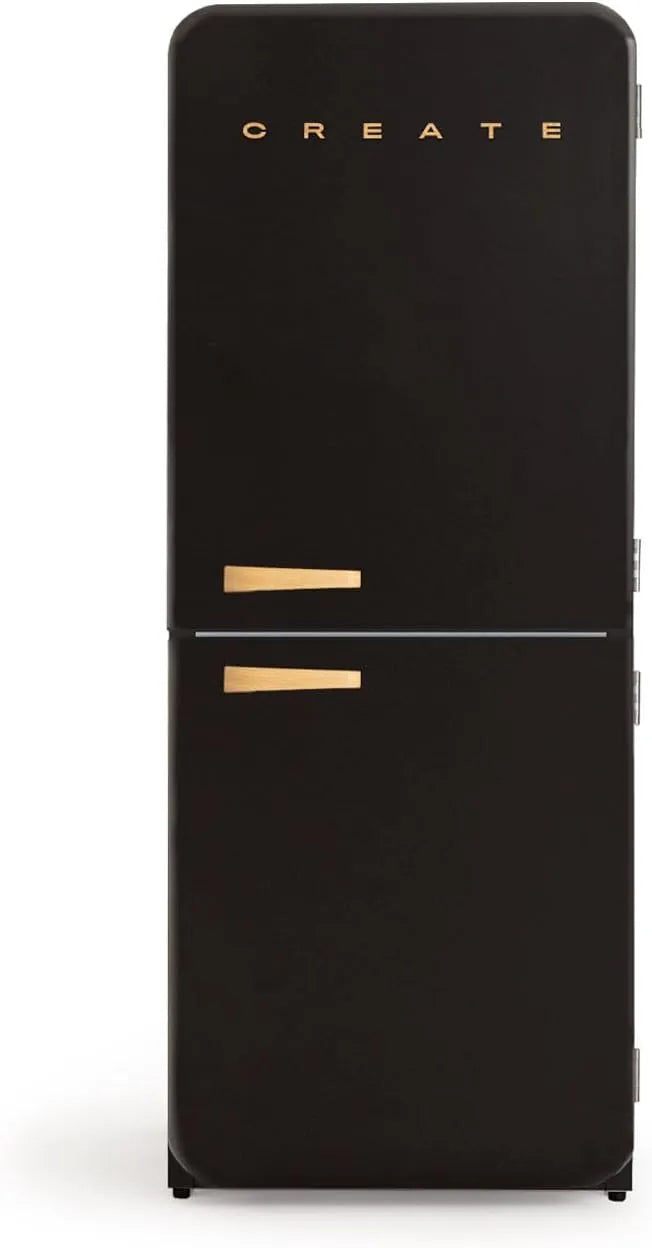 Réfrigérateur COMBI 185, dimensions 70x65x185 cm, RETRO FRIDGE WOOD combiné finition noire avec poignée en bois et congélateur 401L, puissance 190W