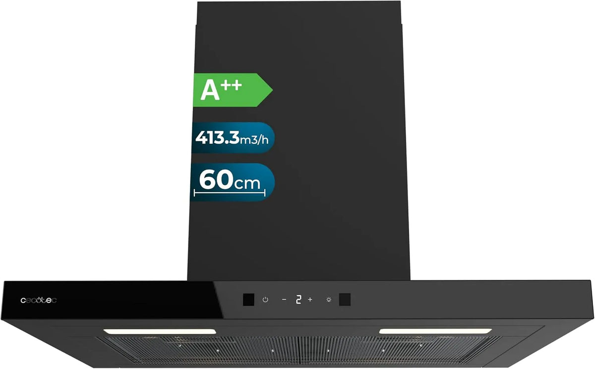 Cecotec hotte aspirante 604400, largeur 60 cm, 413,3 m³/h, en Forme de T Bolero Flux TT Black A++, Fonction Booster, classe énergétique A++