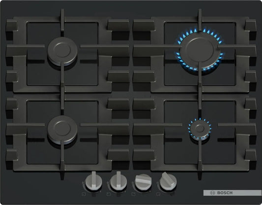 Bosch plaque de cuisson PNP6B6K40, Série 4, à gaz, grilles en fonte lavables au lave-vaisselle, largeur 60 cm, verre trempé, finition noire