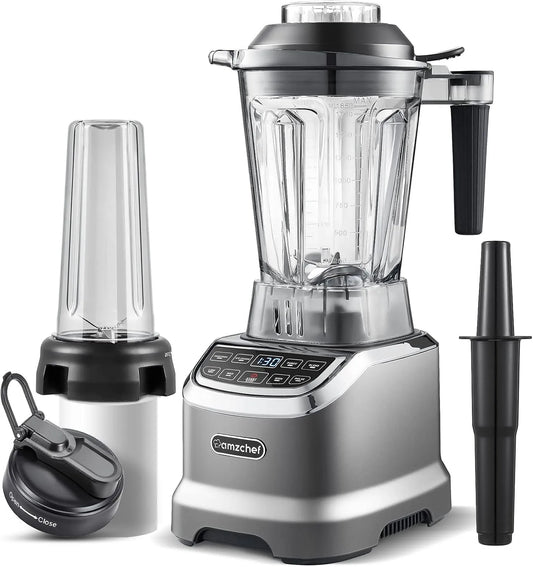 Blender, AMZCHEF 2-EN-1 Mixeur 1800W, Mixeur Puissant avec Pro-Blend 6 Lames 22000 Tr/Min, finition grise