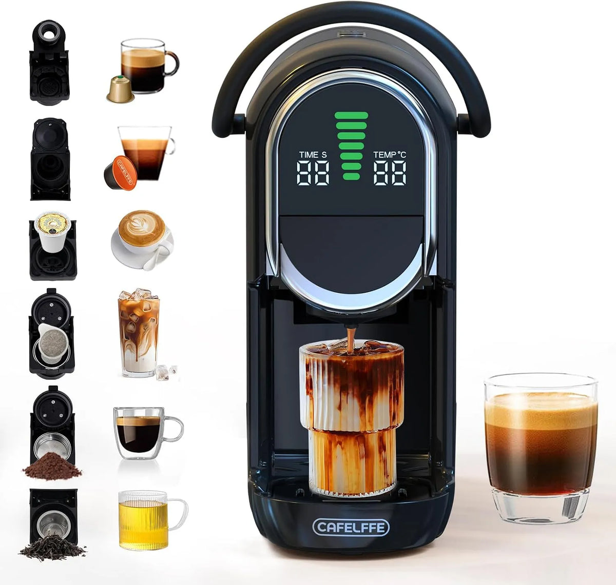 MK-609S CAFELFFE, Machine à dosettes 6 en 1, 20 bar avec soulagement automatique de la pression, 6 options d'adaptateur pour capsules, feuilles de