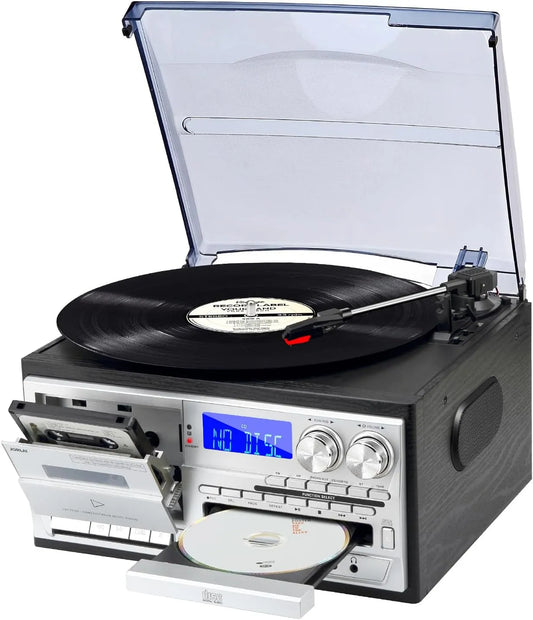 9 en 1 Platine Vinyle 3 niveaux de vitesse télécommande incluse, MMC 3.5mm Aux-in, Cassette Radio AM, SD, finition noire, FM USB, RCA-Out