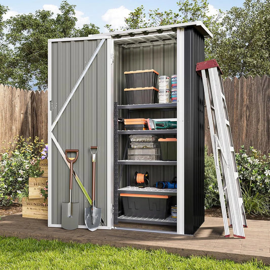 Abri de jardin, outil utilitaire en acier, terrasse, finition noire, en métal de 0,9 x 6,3 m avec portes verrouillables, arrière-cour et pelouse