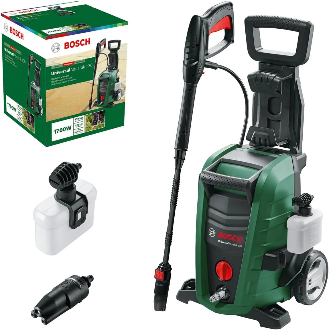 Bosch Nettoyeur Haute-Pression UniversalAquatak 130, 2 Buses, puissance 1700 W, débit Maxi: 380 l/h, Tuyau de 6 m, câble de 5 m, Carton