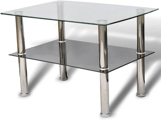 Table, basse robuste avec pieds en acier inoxydable et plateau en verre trempé, basse moderne avec plateau de rangement pour cafés et salons