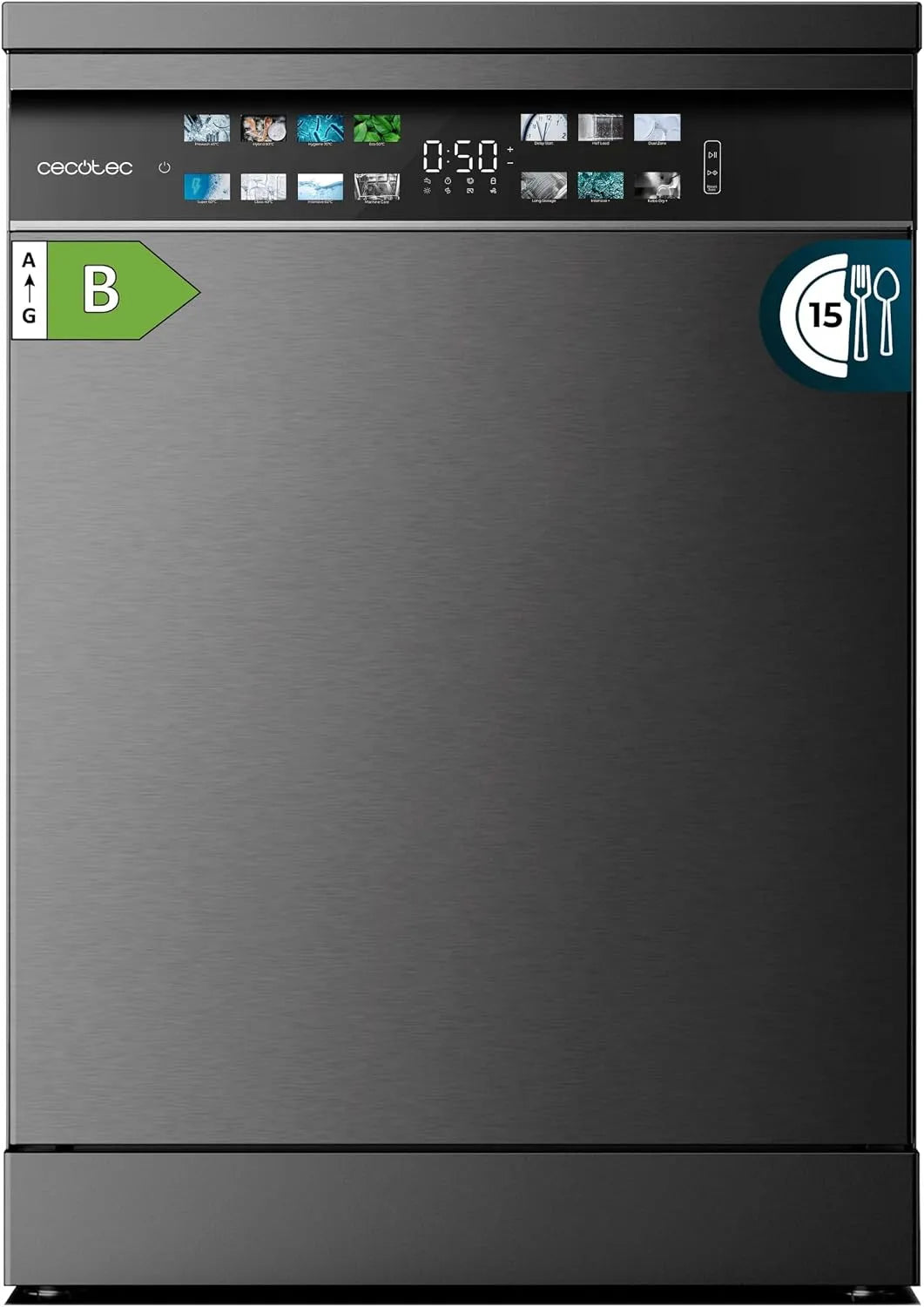 Cecotec lave-vaisselle 6700, 60cm Bolero Aguazero Dark B foncé, Moteur Inverter Plus, 15 couverts, O2 Dry, classe énergétique B, Lavage Double Zone