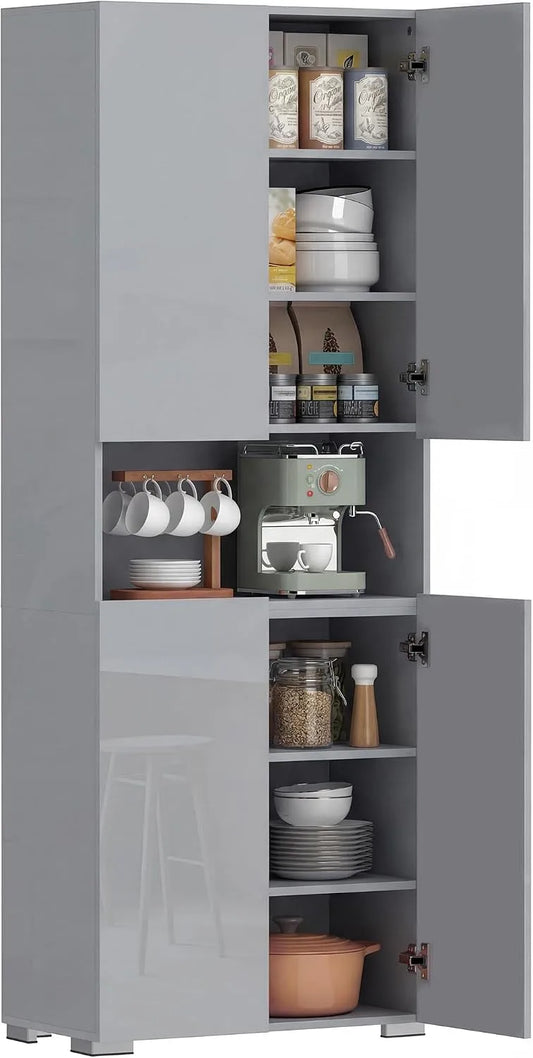Armoire Homcom, de cuisine de 180 cm de haut, meuble de cuisine autonome pour salle à manger, finition grise brillant