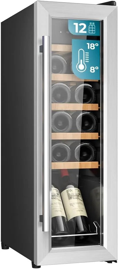 Cecotec cave à vin 1250, 12 bouteilles, température réglable 8-18°C, Bolero GrandSommelier CoolWood Compressor. sur pied, étagères en bois