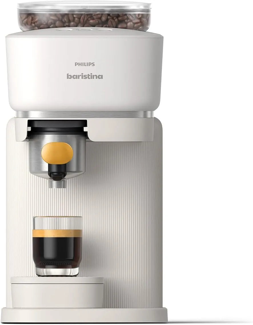 Philips modèle, Baristina Machine à expresso BAR300/03, Machine blanche avec porte-filtre jaune, 16 bars de pression, en toute simplicité, Compacte