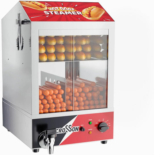 Dog Steamer Professionnel capacité 42L CROSSON Hot, Capacité 175 Hot Dogs et 50 Sandwiches, avec Portes Coulissantes